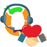 OBI Services logo with headset, handshake, and heart, representing support for improving companies.
