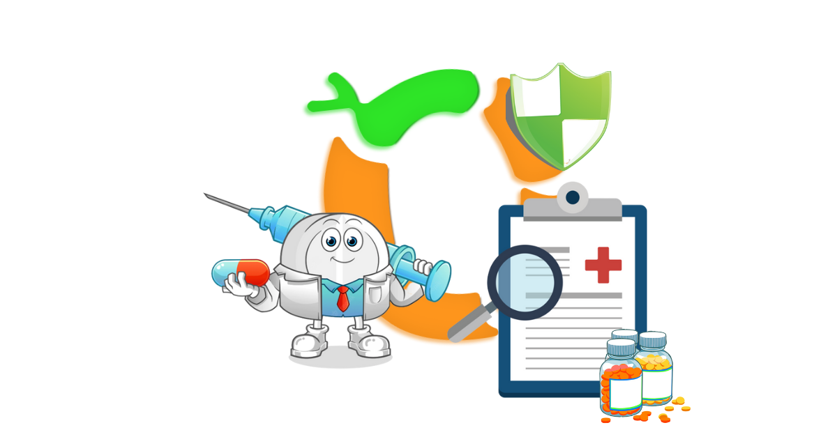 OBI Cartoon doctor holding a syringe and pill, with a clipboard, magnifying glass, pills, and a shield in the background.