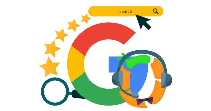 OBI Services logo with Google search elements with a magnifying glass, and stars.