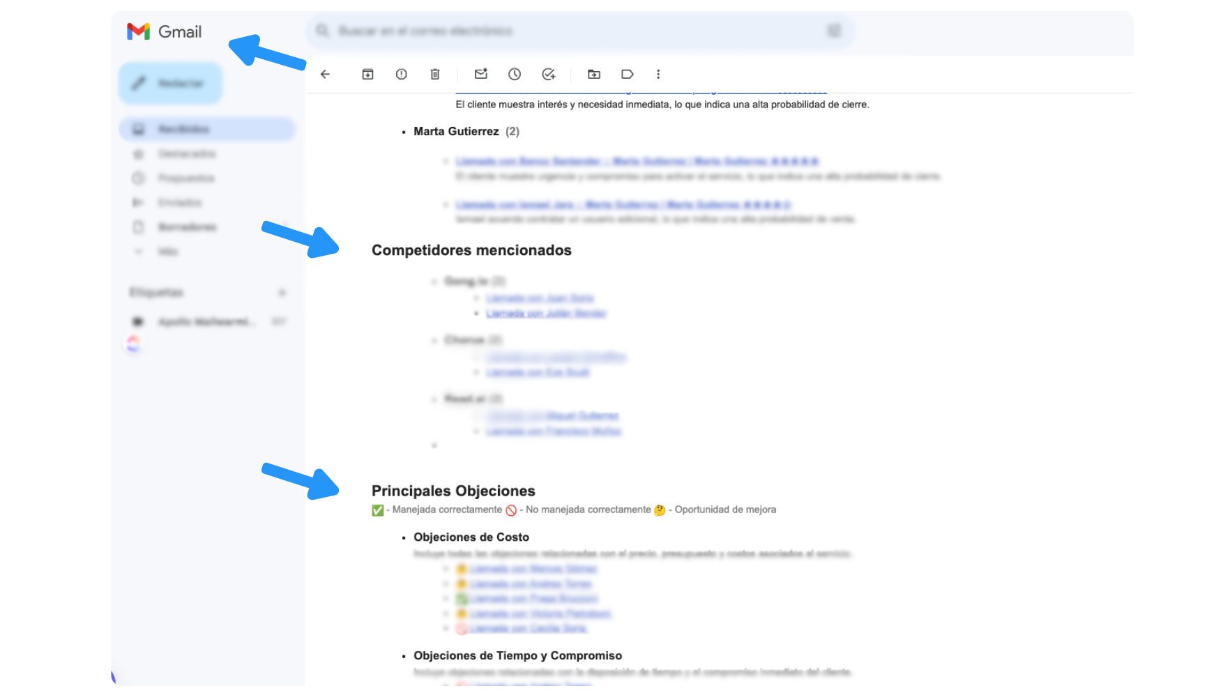 Captura de pantalla del Software que muestra Los mails de informe con información clave