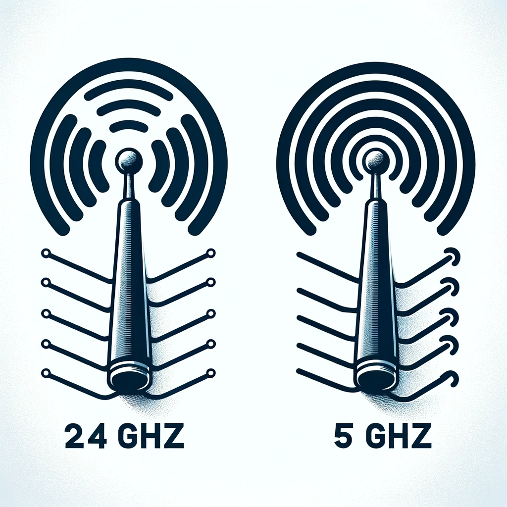 Dall·e 2023 11 04 16.43.25   an illustration of two distinct wireless antennas designed for home use, one for 2.4 ghz and the other for 5 ghz frequency bands. the 2.4 ghz antenna 
