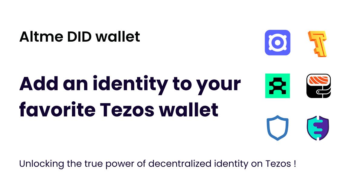 Tezos wallets logo of Temple wallet, Kukai wallet, Umami wallet and Trust wallet combined with Altme logo, representing the integration of Decentralized Identity in the Tezos ecosystem
