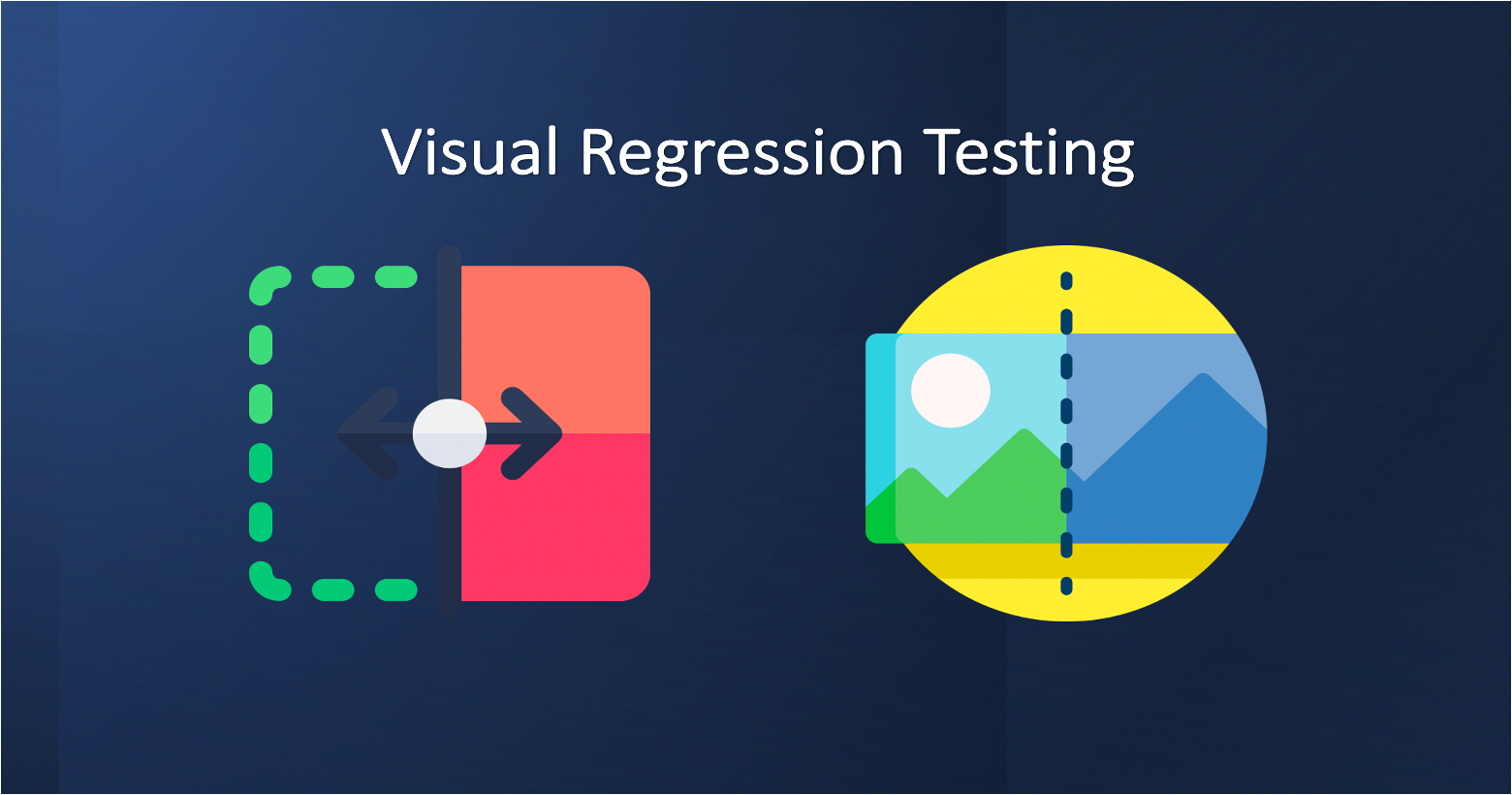 Text saying "visual regression testing" along with two before and after icons on a dark blue background
