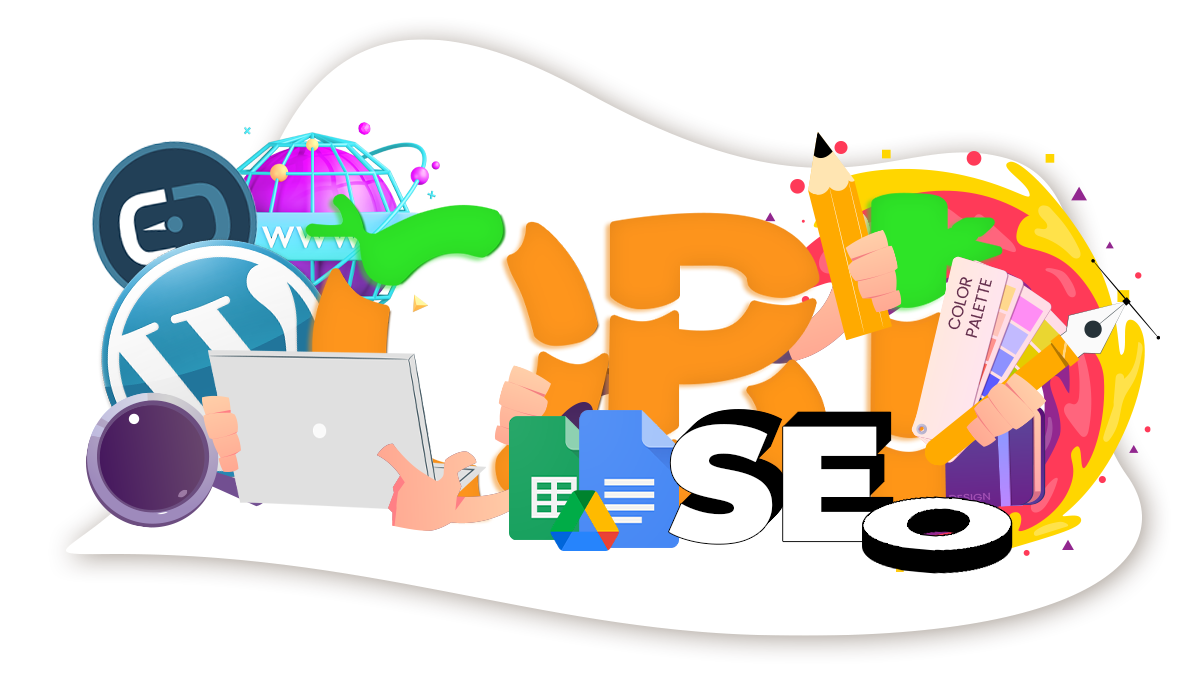 OBI Services team virtual assistant image with laptop, SEO, design tools, and web elements.