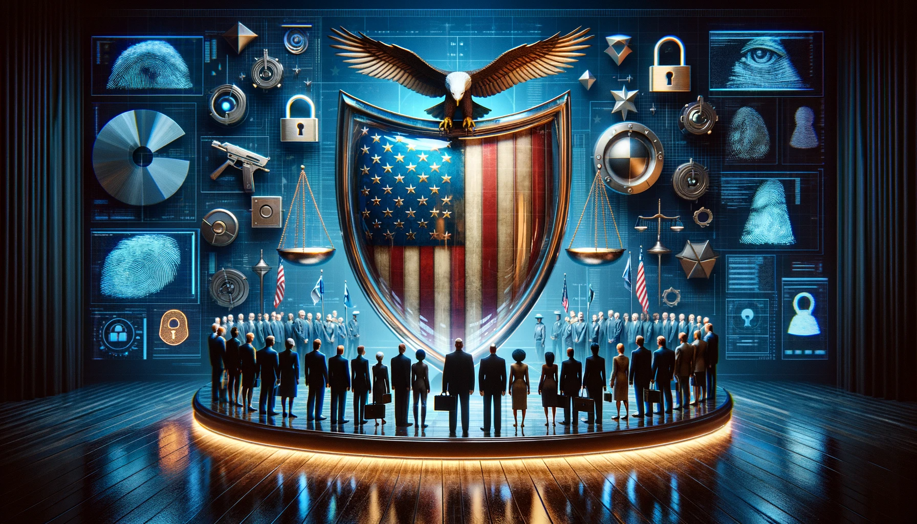 A shield with an American flag and the scales of justice shown with many items related to privacy and security