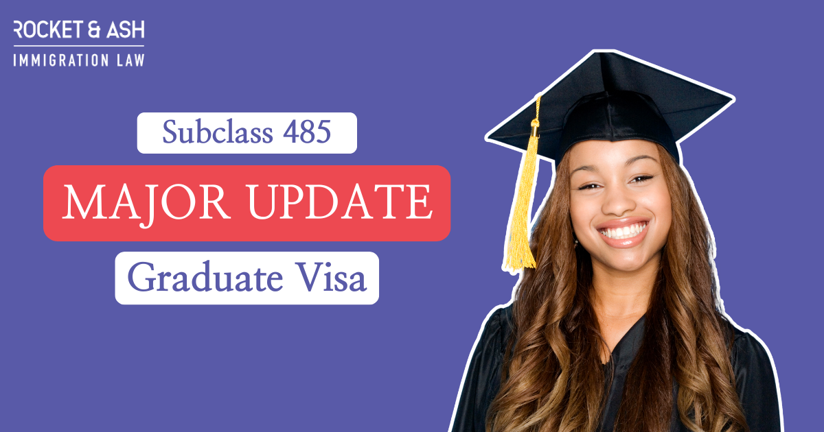 Graduate Visa Update Announcement - Subclass 485 Major Changes - Young woman in graduation cap smiling, with Rocket & Ash Immigration Law branding.