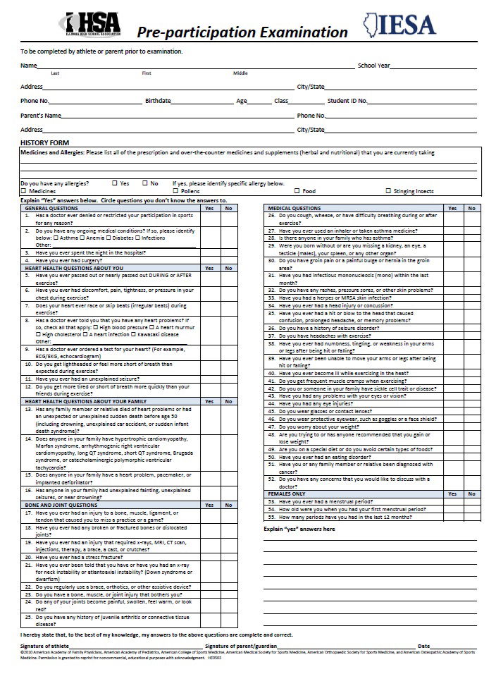 Illinois Sports Physical Exam Form Page 1