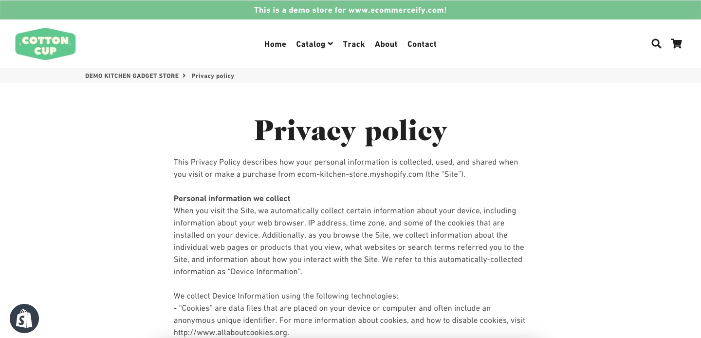 kitchen products niche pre-built store privacy policy page