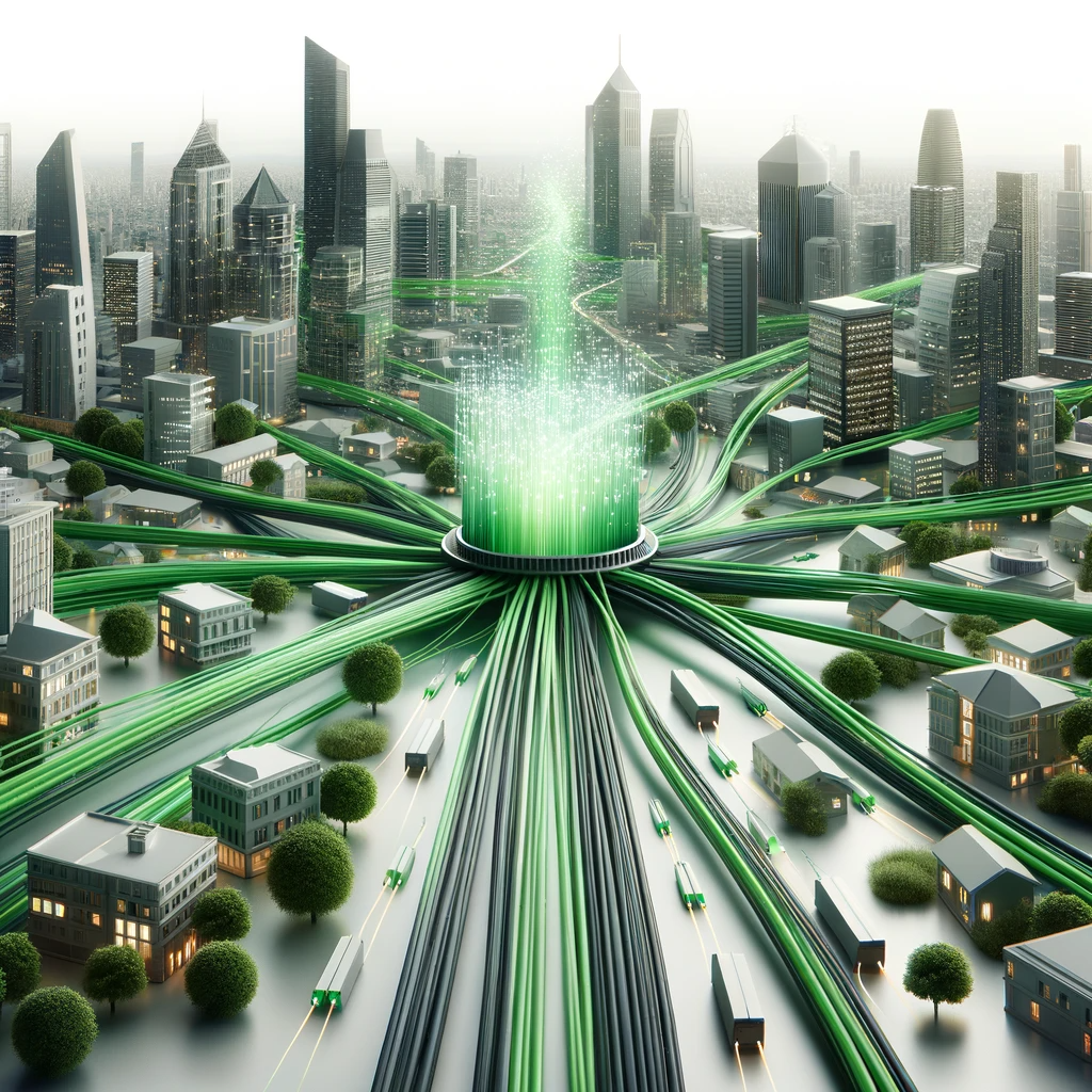 Dall·e 2023 11 04 16.45.59   illustrate a modern cityscape with a network of green optical fiber cables, representing gpon (gigabit passive optical network) technology. show the c