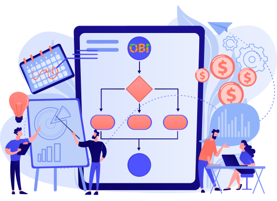 OBI Services illustration showing the importance of data flow in a business with people analyzing charts and graphs.