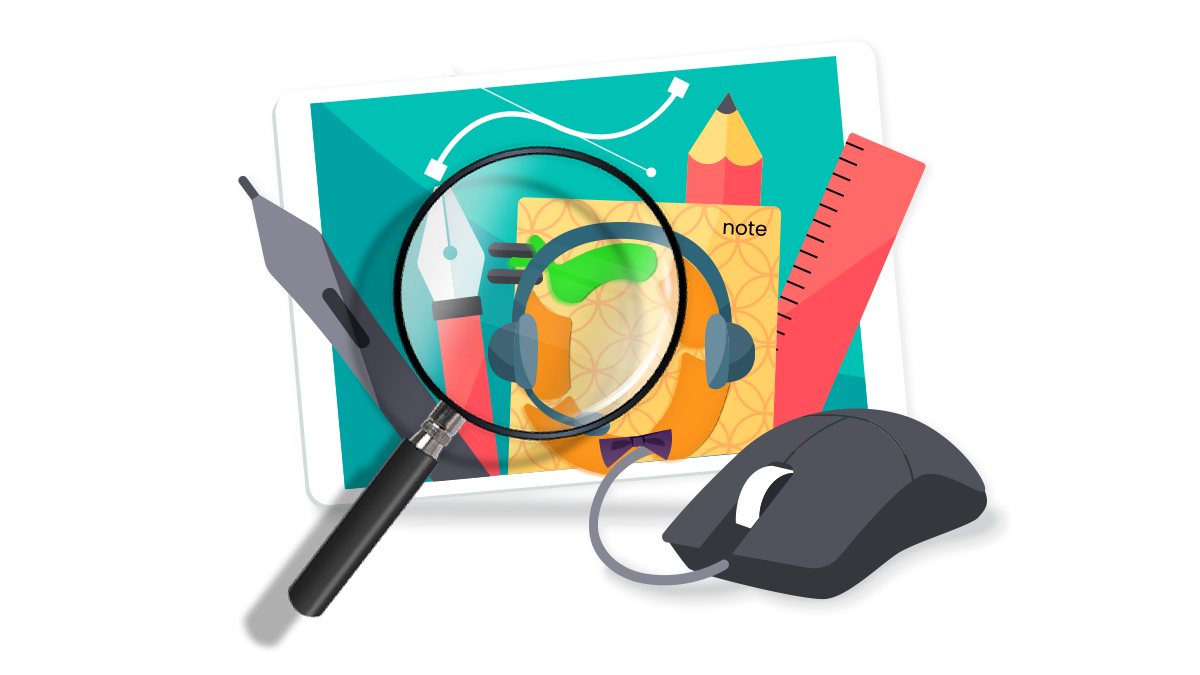 OBI Services image with tablet, magnifying glass, and design tools, representing image data entry.