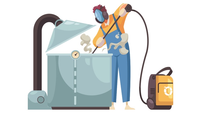 OBI Services illustration of a person in protective gear cleaning a large septic tank with equipment.