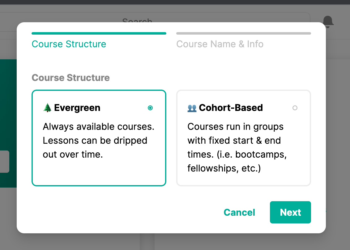 screenshot of somos course structure (evergreen and cohort based)