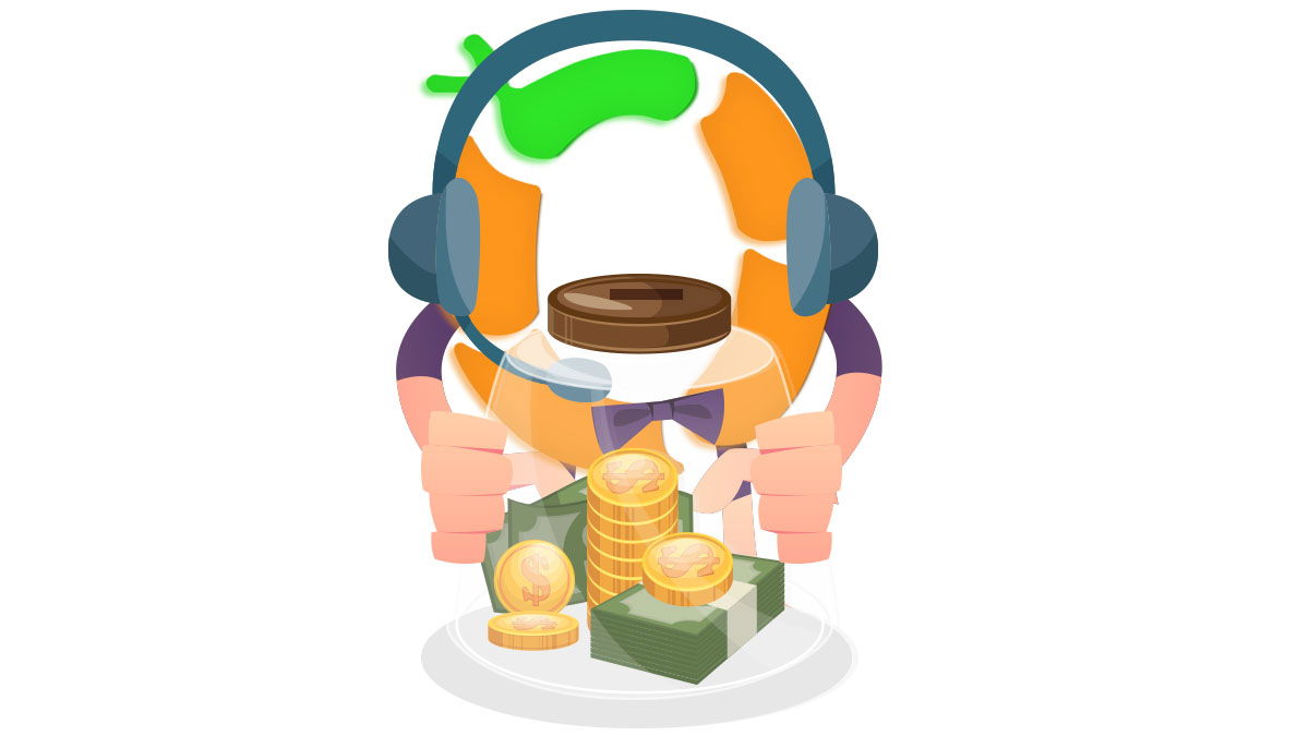 OBI Services mascot with a headset, holding a jar of coins and stacks of cash, representing cost-effective mailing list and mailing label services.