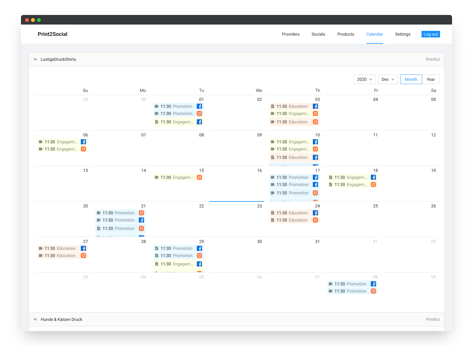 Screenshot of the social media calendar and post scheduler