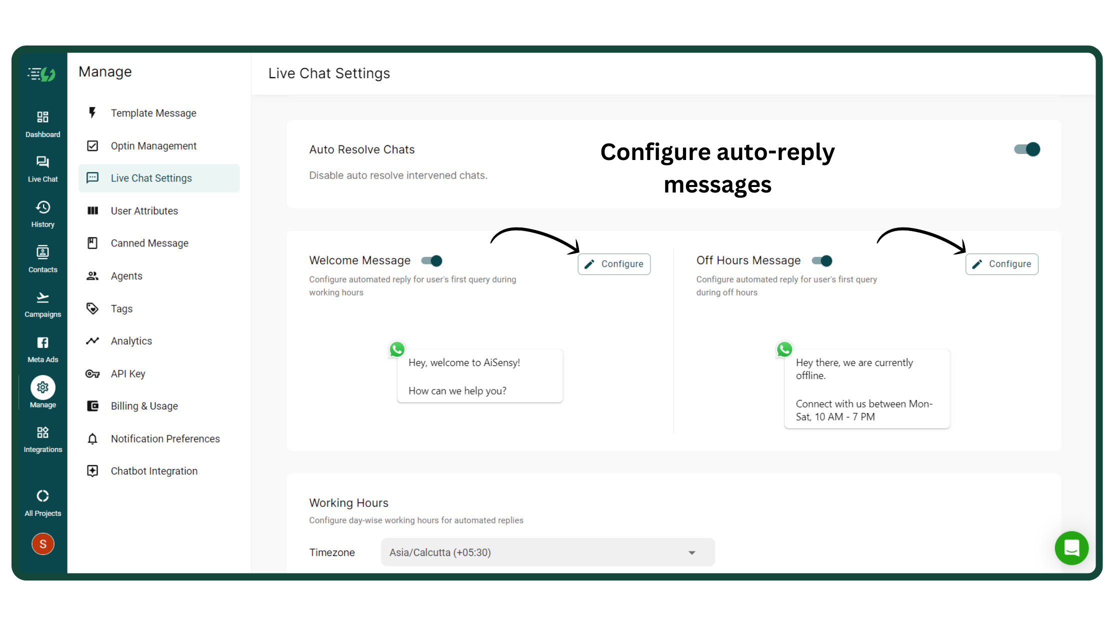 Configure Welcome & Off-hours message