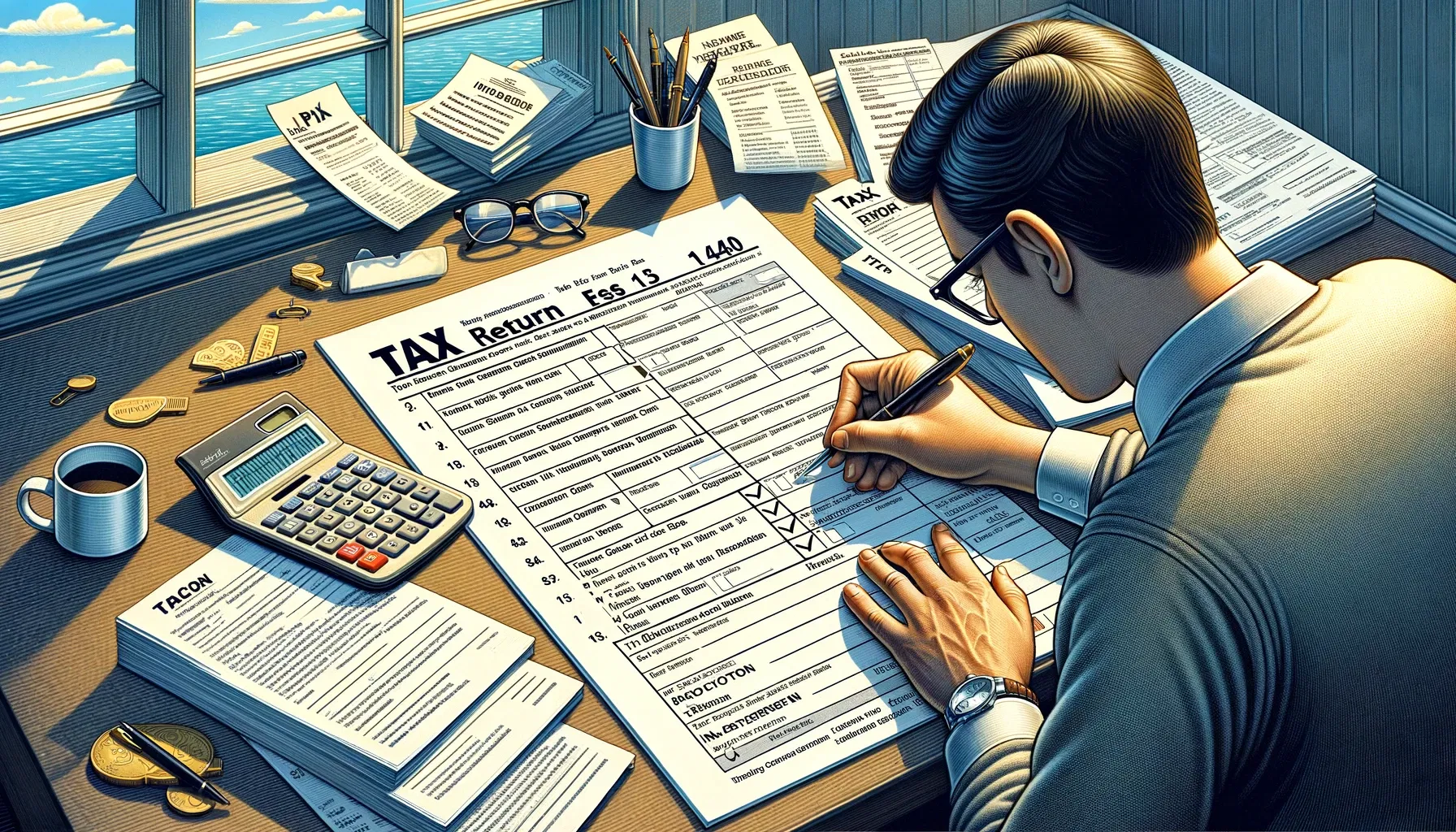 Dall·e 2024 02 03 11.38.57   a detailed, educational illustration showing a person filling out a tax return form on a desk. the image should have clear, step by step instructions 