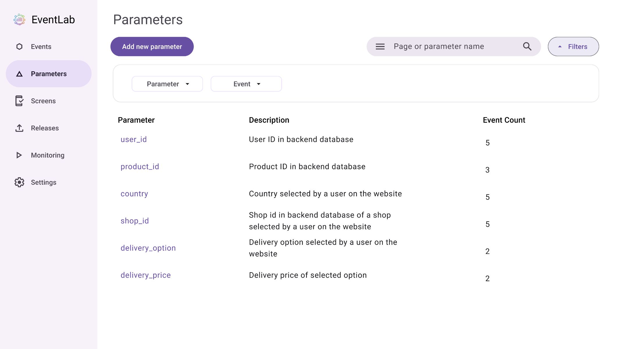 Parameters page (filters open)