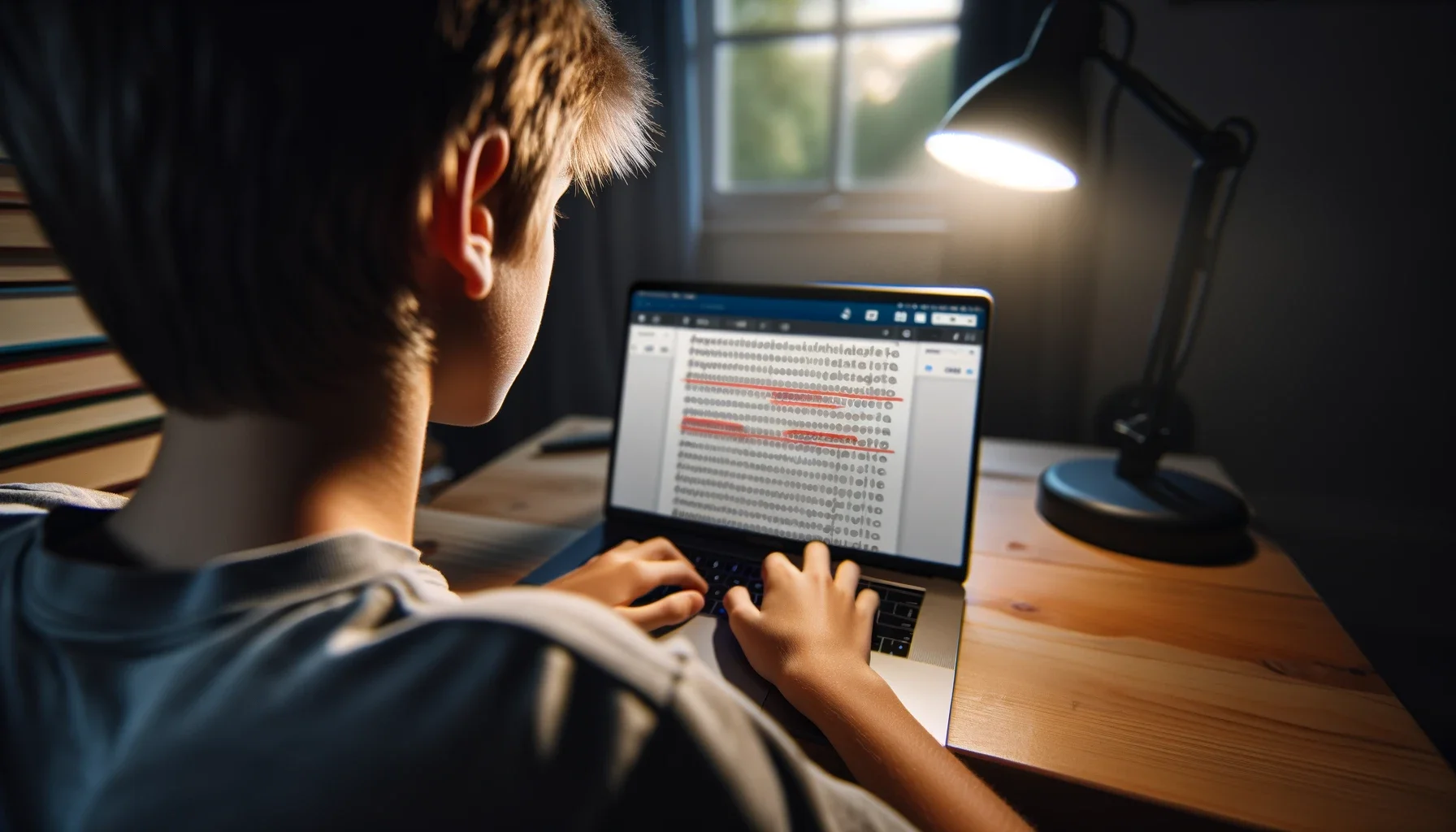 A realistic image showing a boy sitting in front of a laptop, viewed from over the boy's shoulder. the laptop screen is visible, displaying a text doc