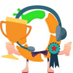 OBI Services logo with trophy and ribbon, symbolizing excellence and achievement in PowerPoint data entry.