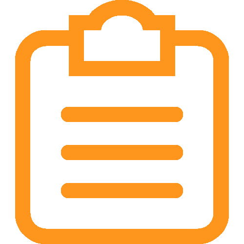 Orange clipboard icon with lines representing text.