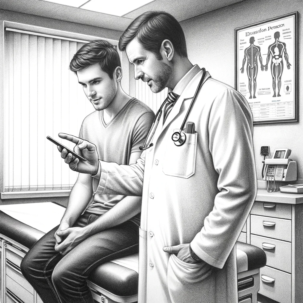 Dall·e 2024 03 18 16.25.01   create a black and white pencil drawing of a doctor and a patient inside a medical exam room. the doctor is showing the patient something on his mobil