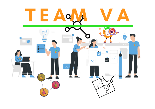OBI Services Team VA illustration with team collaboration and project management elements.