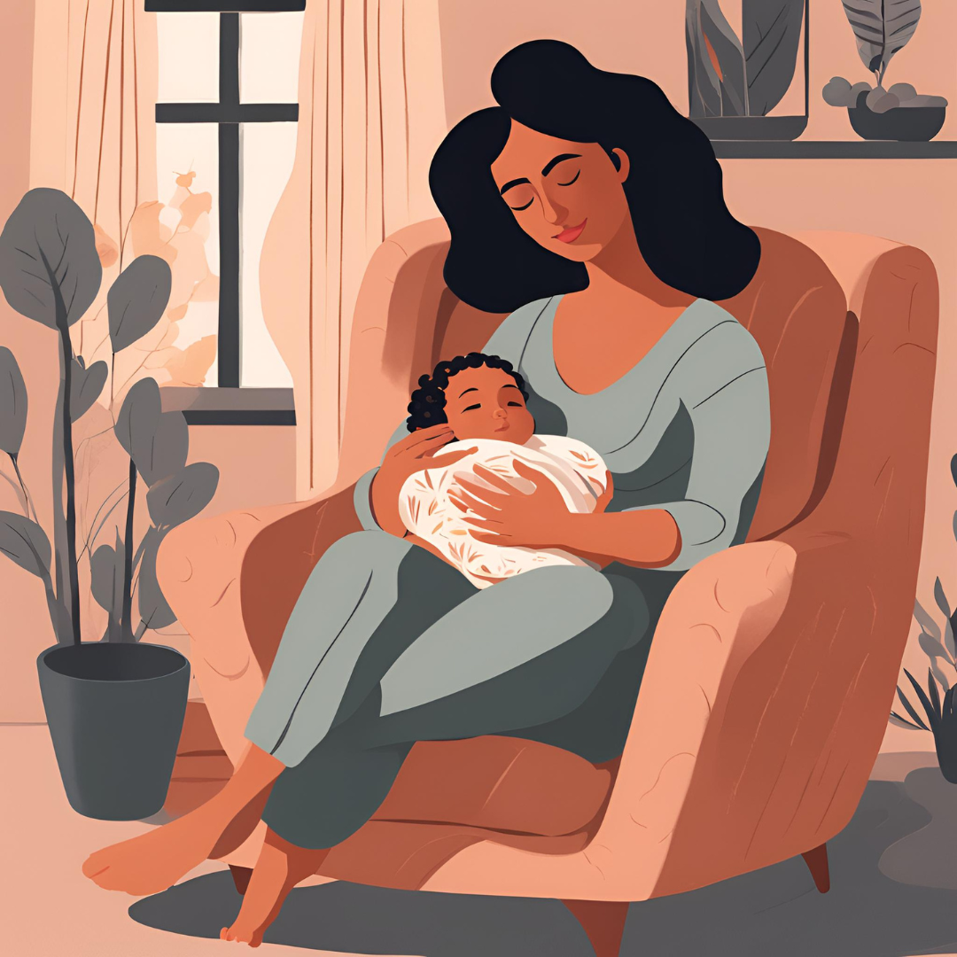 A calm and inviting scene of a new mother sitting in a cozy chair, surrounded by soft, warm lighting, holding her baby while a meal prep container and a water bottle are nearby, symbolizing self-care.