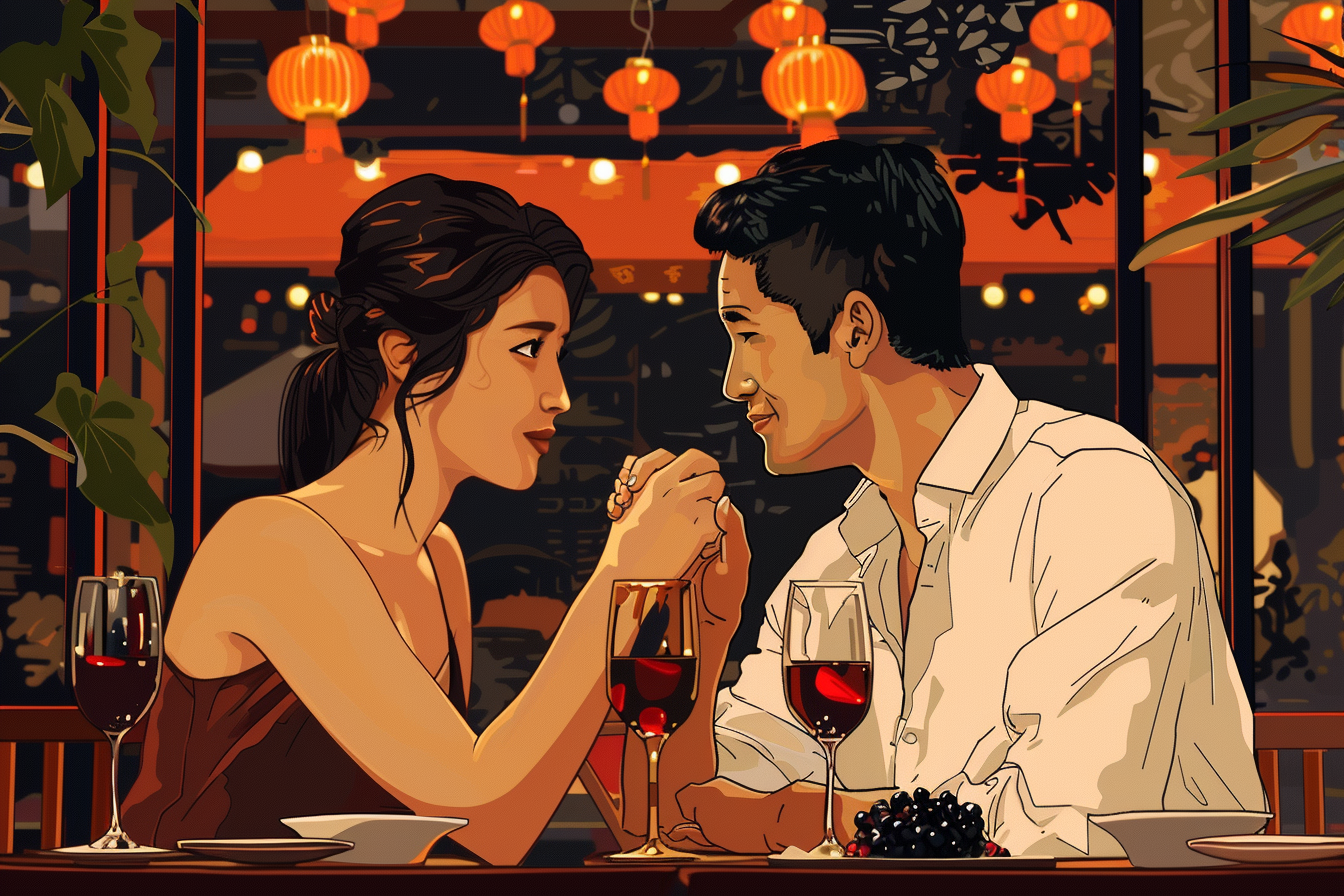 a woman complimenting a handsome Chinese man over dinner