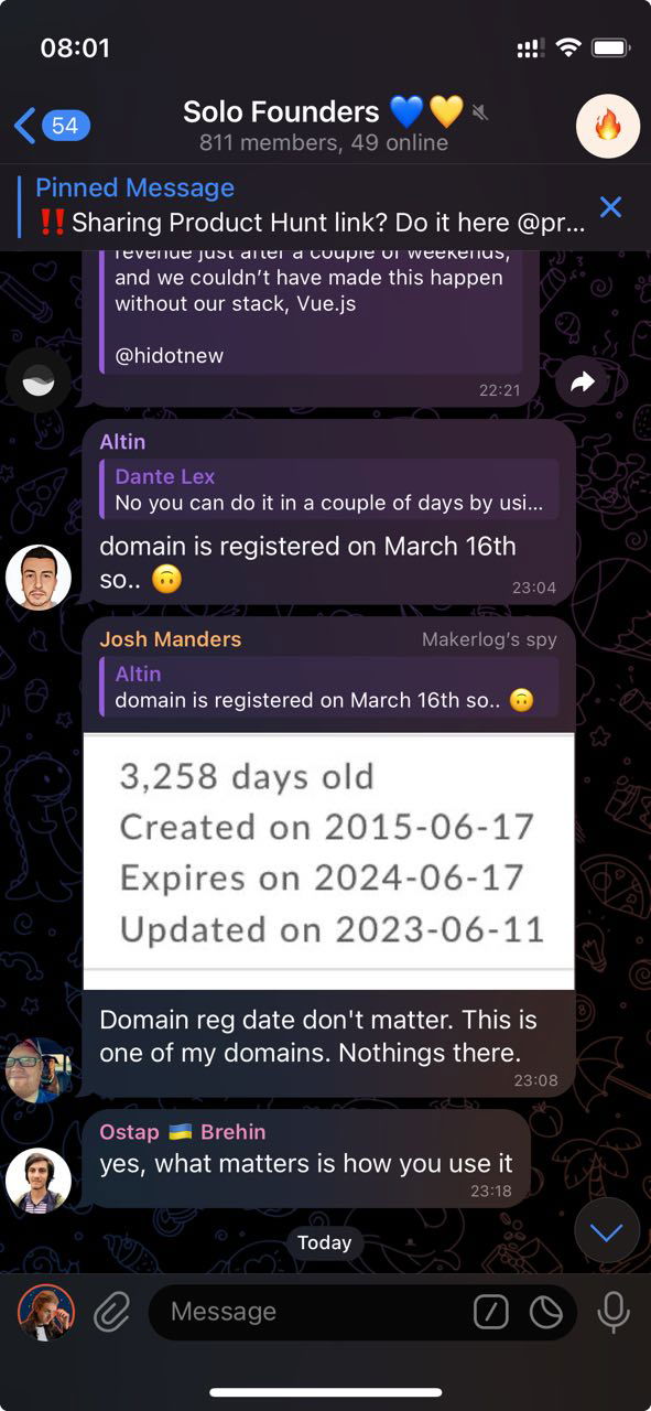 Solo Founders chat group screenshot
