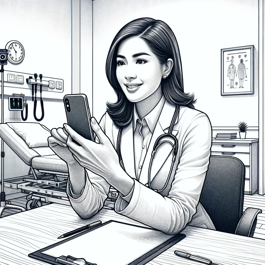 Dall·e 2024 03 18 10.39.48   create a detailed drawing of a female physician sitting at a table in a medical examination room. this time, ensure she is holding a mobile phone with