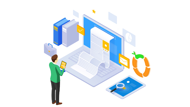 OBI Services website compilation and data entry illustration featuring a man using a tablet, a laptop, and various documents and icons.