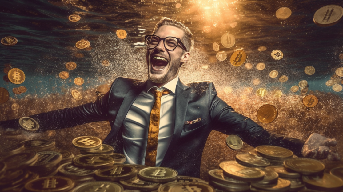 Lucifermenace a man swimming in shiny golden bitcoins smiling i de15a0f1 1915 434f 95b2 c2e90e57ad2c