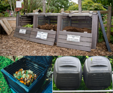 A photo collage of three types of compost systems