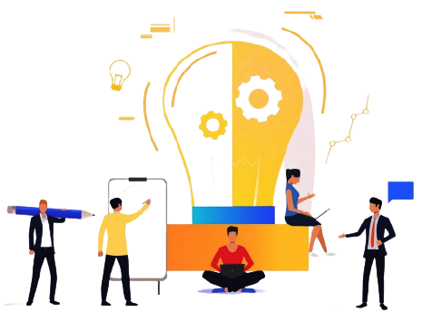 OBI Services illustration of people collaborating around a large lightbulb, symbolizing innovation and teamwork.
