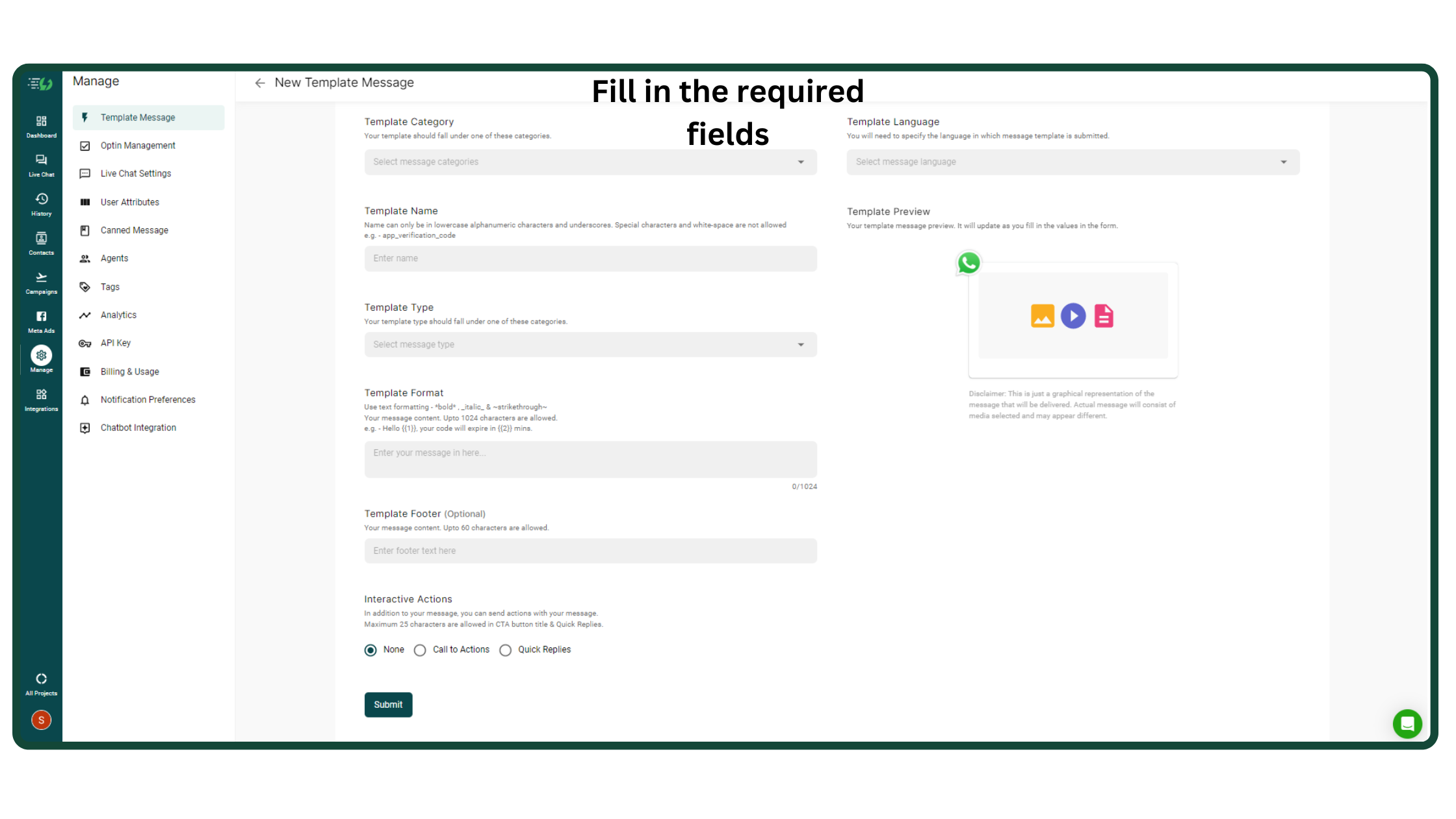 Fill in the required fields to create a Template message