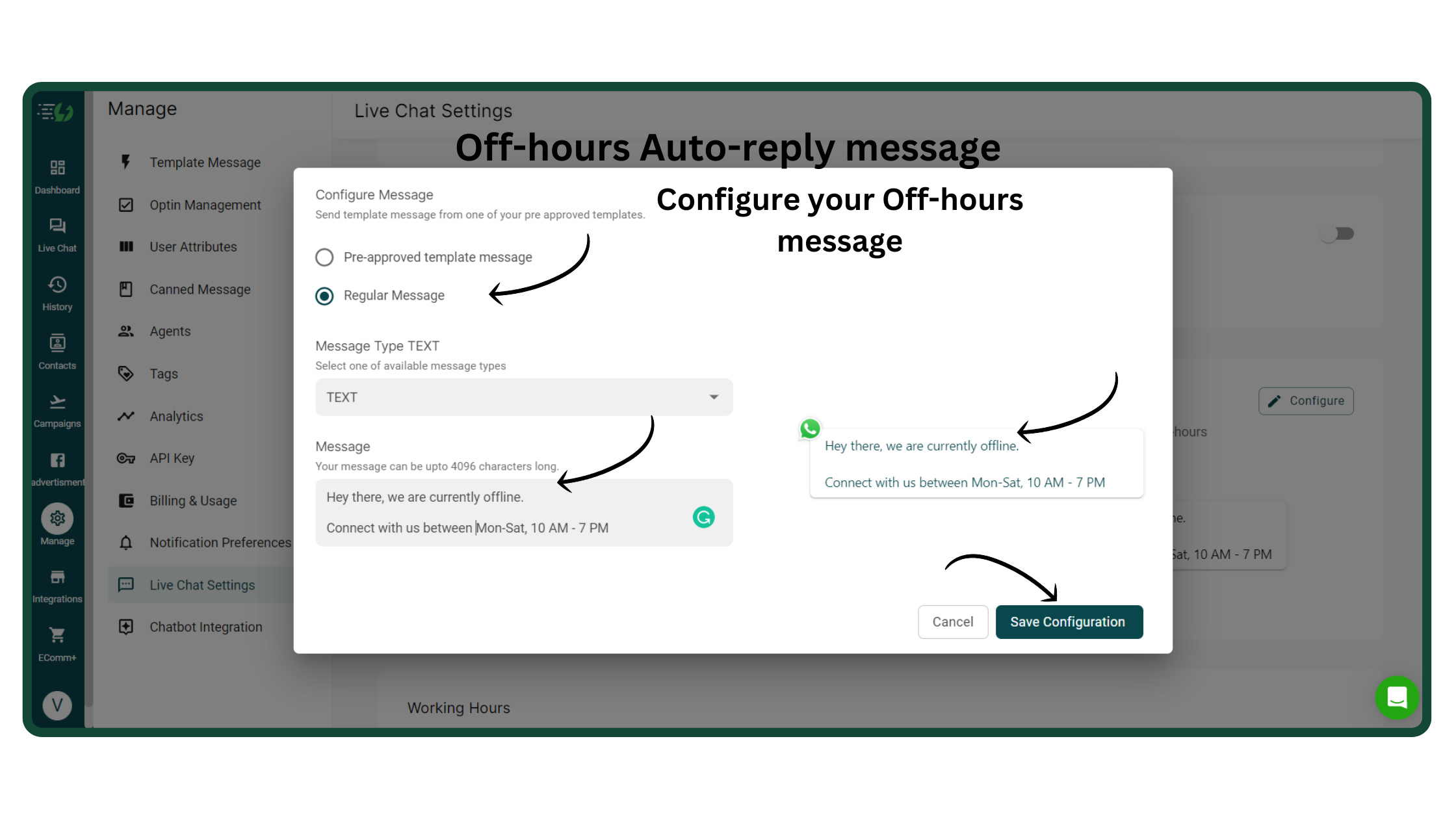 Configure Off-hours message