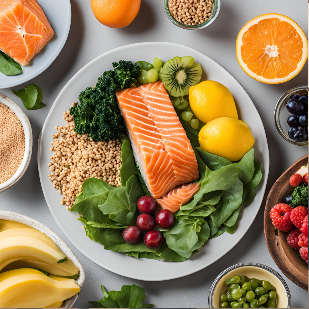 A colorful and balanced plate of nutrient-rich foods like salmon, leafy greens, whole grains, and fruits, symbolizing the role of nutrition in postpartum recovery.