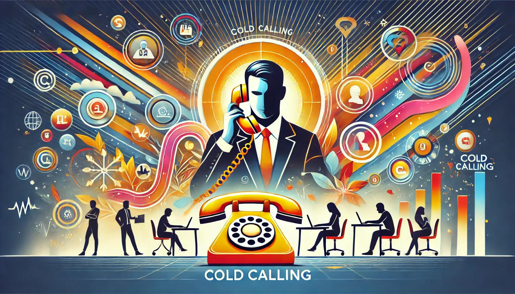 Dall·e 2024 06 24 17.00.20   a powerful and professional illustration focused on cold calling. show vibrant icons such as telephones, call symbols, and people making calls. includ