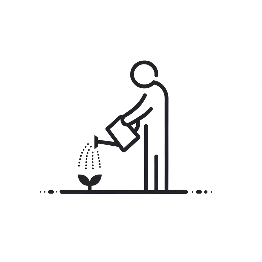 Dall·e 2023 12 26 00.44.42   a minimalist style drawing of a person watering a seed, using only white and #f6f6f6 colors. the image portrays the act of nurturing with simple, clea