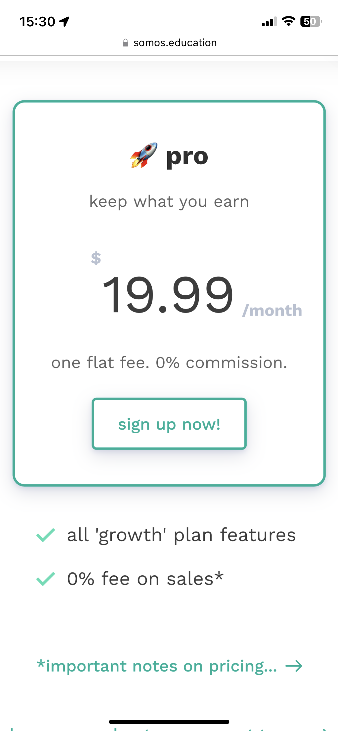 screenshot of somos pro pricing plan