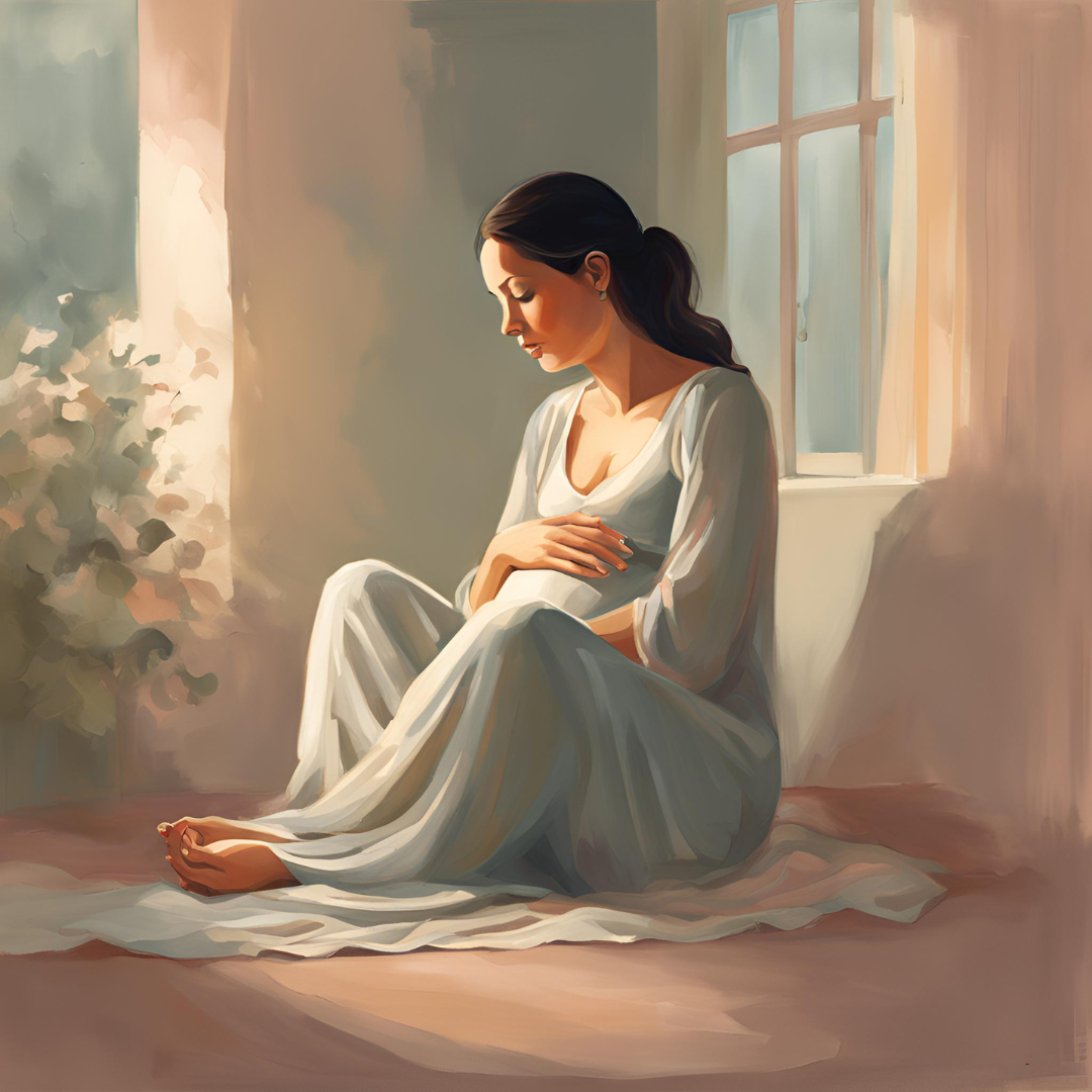 A pregnant woman sitting in a quiet, peaceful space, with soft lighting and soothing colors. The expression on her face reflects a moment of reflection or contemplation.