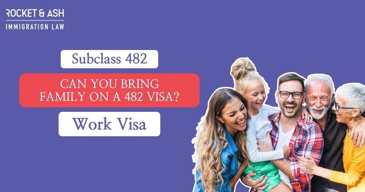 Happy multigenerational family embracing and laughing together, symbolizing family reunification on a subclass 482 work visa, with Rocket & Ash Immigration Law branding.