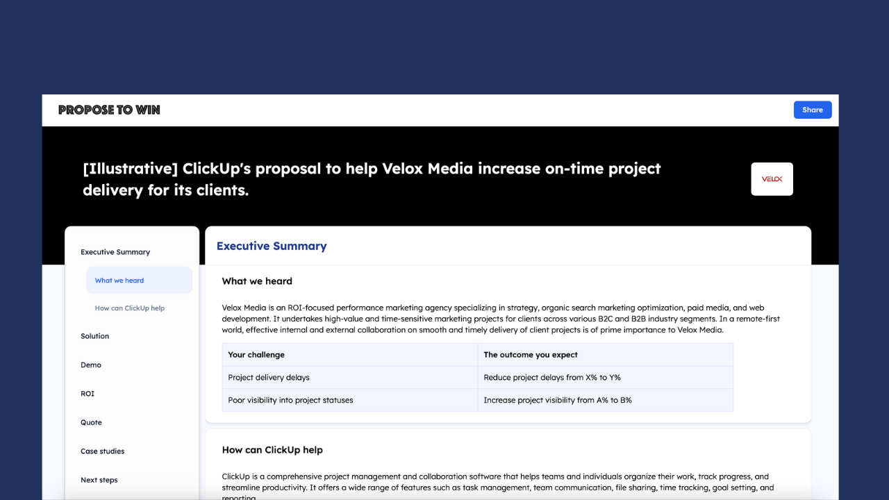 Illustrative value-centric proposal for ClickUp selling to Velox Media
