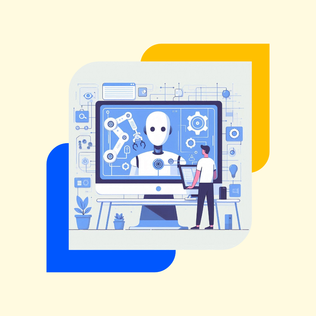 Minimalistic flat illustration of an automation on a computer with a person in the foreground