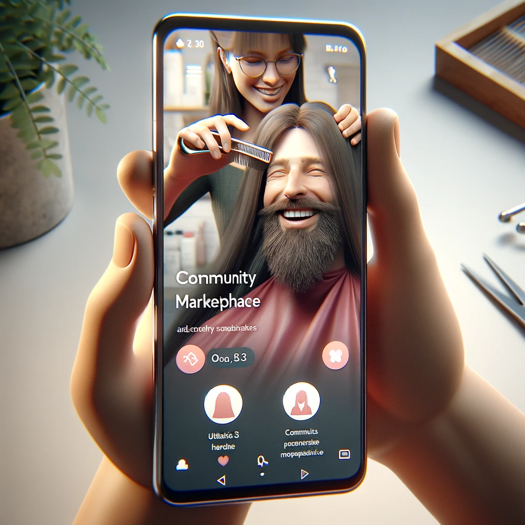 Dall·e 2024 01 25 14.56.38   a highly realistic image of a smartphone displaying an app for a community driven marketplace, with a specific focus on a hairdressing service. the ap