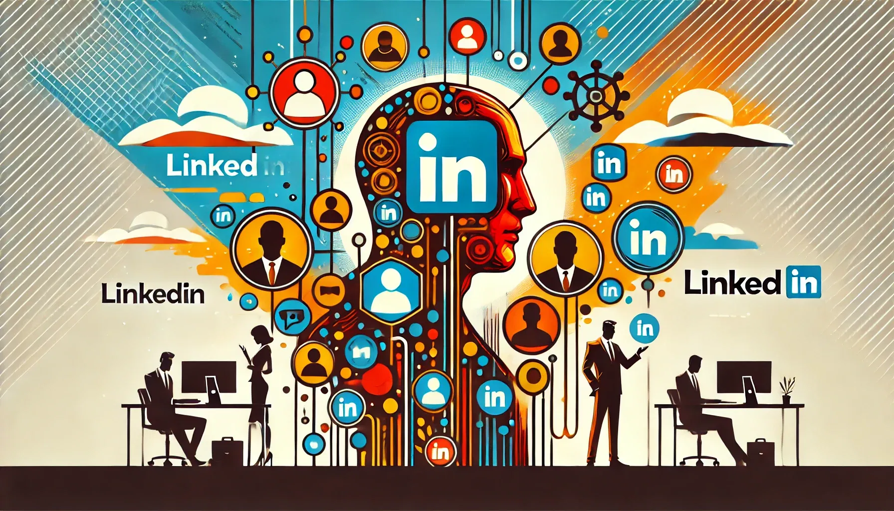 Dall·e 2024 06 24 16.57.58   a strong, professional illustration focused on linkedin outreach with bold and striking graphics. include elements such as linkedin logos, connection 
