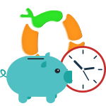 OBI Services logo with piggy bank and clock, symbolizing value and time management of cleaning services.