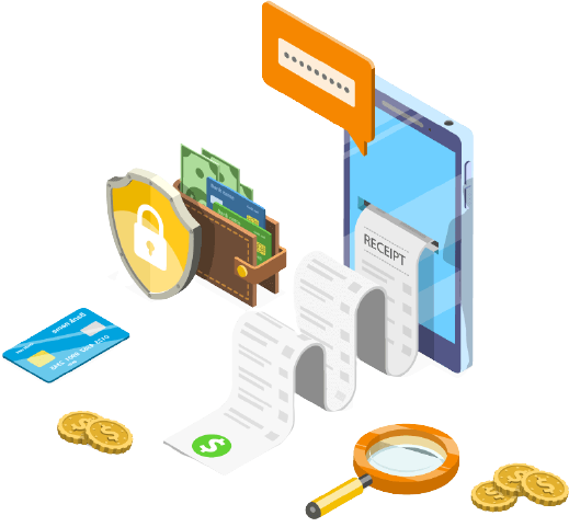 OBI Services illustration of digital payment and receipt processing with secure transactions.