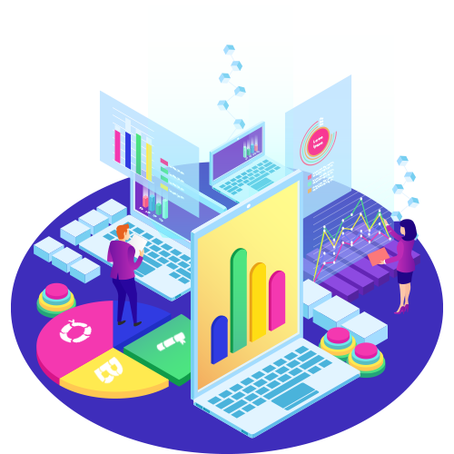 OBI Services data visualization with people analyzing graphs on laptops and screens.